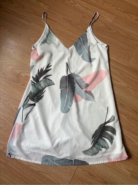 SHEIN White Slip Dress with Pink & Green Leaf Print
